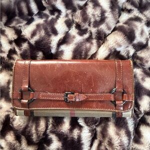 Burberry Brown Leather Continental Clutch Wallet with Buckle Trim